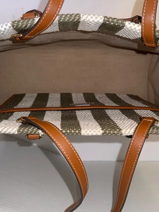Tory Burch Blake Grove Green & White Striped Canvas Tote Cognac Leather Trim - Picture 6 of 14
